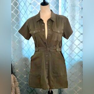 Go to American army, green mini dress with snaps. Thick cotton, almost denim.